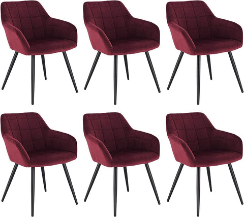 Rootz Set of 6 Velvet Dining Chairs - Armchairs with Metal Legs - Bordeaux - Comfortable, Durable, Versatile - Seat 49cm x 43cm, Height 81cm
