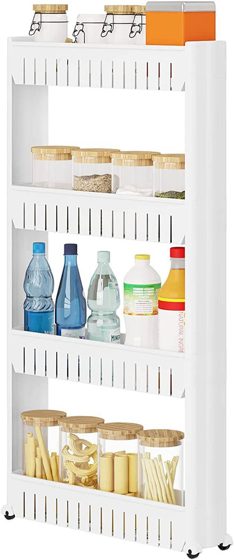 Rootz Niche Trolley - White Kitchen Cart - Slim Design - 4 Tier Shelving - High Edges - Easy Assembly - Compact - Removable Wheels