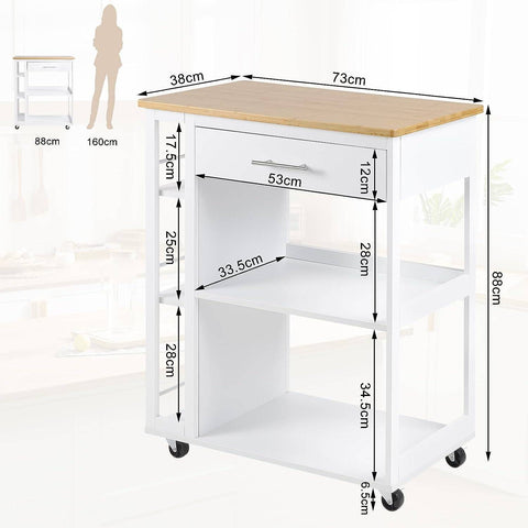 Rootz Kitchen Trolley - Rolling Cart - Serving Cart - Sturdy MDF - 73cm x 88cm x 38cm