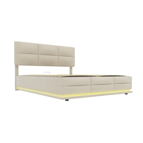 Rootz Modern Bed - Storage Bed - LED Bed - USB Charging - Velvet Comfort - 208.5cm x 144cm x 105-115cm
