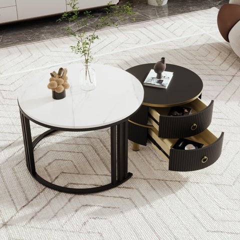 Rootz Modern 2-in-1 Coffee Table Set - Marble Pattern Table - High Gloss Tabletop - Space Saving - 70 x 70 x 46 cm & 50 x 50 x 40 cm