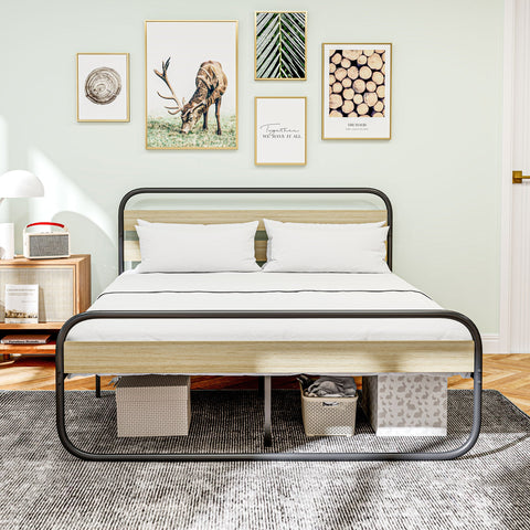 Rootz Industrial Steel Double Bed - Metal Frame - BrownLook - Weight Capacity 320kg - 162cm x 206cm x 100cm