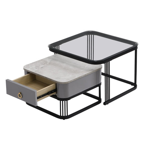 Rootz Modular Coffee Table Set - High-Gloss Marble - Glass Top - Luxurious Design - 60x60x42cm & 50x50x34cm - Practical Drawers