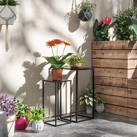 Rootz Set of 2 Industrial Style Flower Stands - Plant Stands - Black Steel - Two-tiered - Elegant Home Decor - 25cm x 25cm x 58.5cm, 31cm x 31cm x 65cm