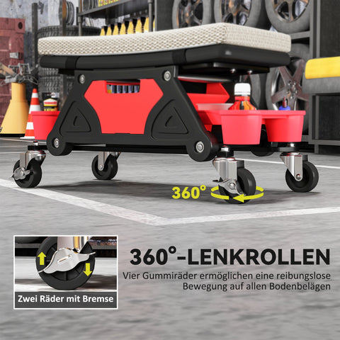 Rootz Workshop Stool with Wheels - Rolling Stool - Mechanic Seat - 135kg Capacity - 64.5cm x 33cm x 35cm - Grey and Red