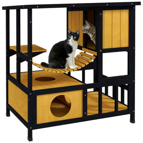 Rootz Cat House - Weather Resistant - Cat Cave - 1 Ramp - 1 Platform - Wooden Frame Construction - Pine Wood-fir Wood - Black-Yellow-Green - 84.5L x 60W x 88H cm