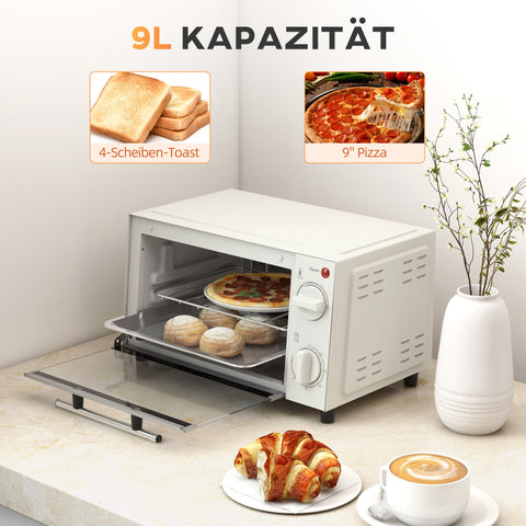 Rootz 9L Mini Oven - Compact Toaster Oven - Adjustable Heat - Space-Saving Stainless Steel - 35cm x 24.6cm x 20cm  White