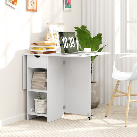 Rootz Folding Dining Table - Space-saving Table - Extendable Table - Storage & Wheels - White - 114.5W x 70D x 75H cm