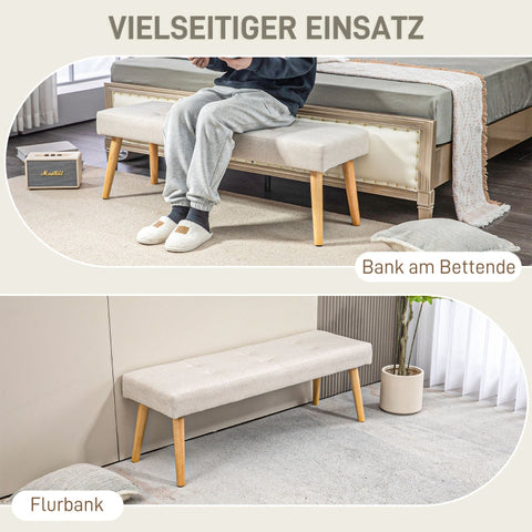 Rootz Upholstered Bench - Bedroom Bench - Window Seat - Thick Padding - Imitation Linen - Natural Wood Legs - 120cm x 41cm x 43cm