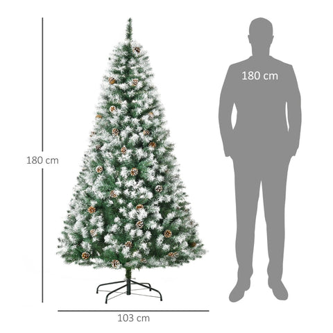 Rootz Snow-Flocked Christmas Tree - Artificial Xmas Tree - Snowy Branches - Decorative Cones - Sturdy Metal Structure - 103cm x 180cm
