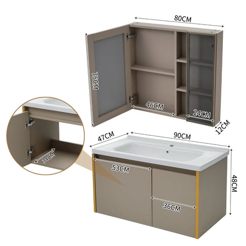 Rootz Light Brown Bathroom Furniture Set - Washbasin Cabinet - Vanity Unit - Easy to Clean - 90cm x 47cm x 48cm & Mirror Cabinet 80cm x 12cm x 75cm