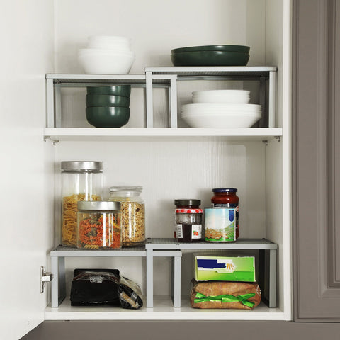 Rootz Zilverkleurige metalen taartorganizerset - Cupcakestandaard - Dessertdisplay - Stevige constructie - Ruimtebesparend ontwerp - Eenvoudige montage - 22,9 cm x 32 cm x 15,4 cm en 21,9 cm x 32 cm x 13,7 cm