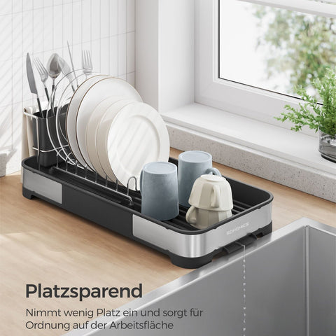 Rootz Stainless Steel Dish Drainer - Silver Rack - PP Plastic Drying Rack - Compact Design - 20.6cm x 44.5cm x 13.1cm. Max Load: 12kg.