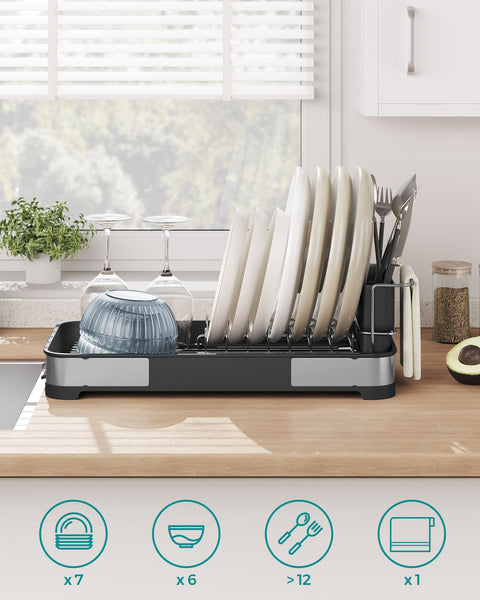 Rootz Stainless Steel Dish Drainer - Silver Rack - PP Plastic Drying Rack - Compact Design - 20.6cm x 44.5cm x 13.1cm. Max Load: 12kg.