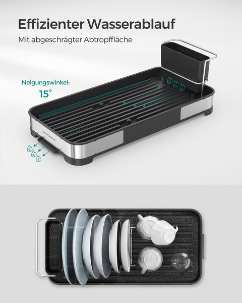 Rootz Stainless Steel Dish Drainer - Silver Rack - PP Plastic Drying Rack - Compact Design - 20.6cm x 44.5cm x 13.1cm. Max Load: 12kg.