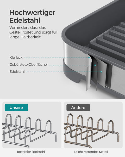 Rootz Dish Drainer Rack - Stainless Steel - PP Plastic - Space-Saving - 20.6cm x 44.5cm x 13.1cm