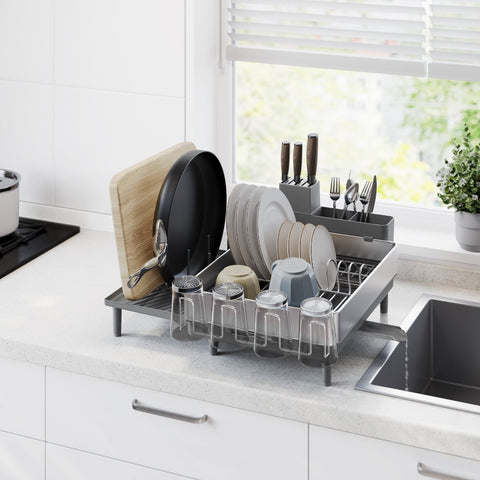 Rootz Dish Drainer Rack - Silver-gray - Stainless Steel - Plastic - 26kg Capacity - (31.7-50.7) x 48.6 x 22.7cm - Lightweight 1.8kg