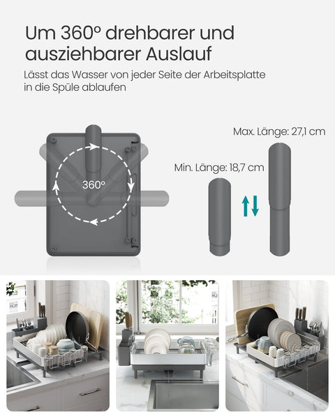 Rootz Dish Drainer Rack - Silver-gray - Stainless Steel - Plastic - 26kg Capacity - (31.7-50.7) x 48.6 x 22.7cm - Lightweight 1.8kg