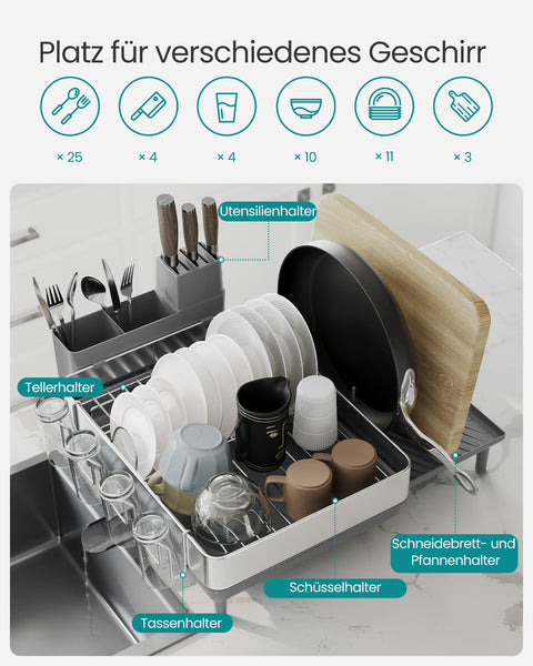 Rootz Dish Drainer Rack - Silver-gray - Stainless Steel - Plastic - 26kg Capacity - (31.7-50.7) x 48.6 x 22.7cm - Lightweight 1.8kg