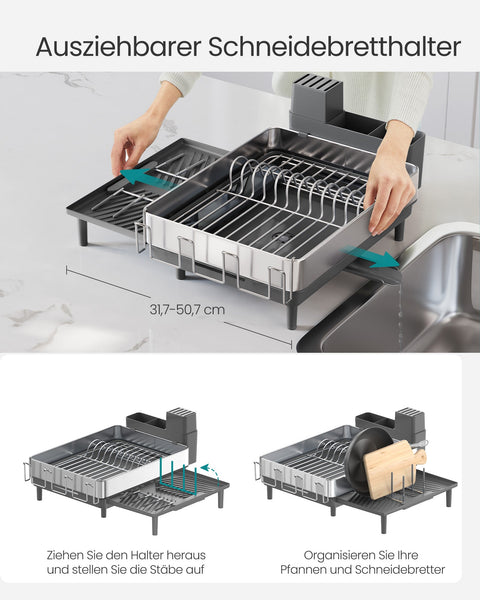 Rootz Dish Drainer Rack - Silver-gray - Stainless Steel - Plastic - 26kg Capacity - (31.7-50.7) x 48.6 x 22.7cm - Lightweight 1.8kg