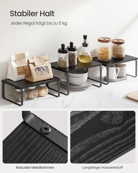 Rootz 3-Piece Shelf Set - Storage Organizer - Display Rack - Durable Metal/Wood - Grey-Black - Includes 19.5cm x 29.7cm x 15.8cm Shelf