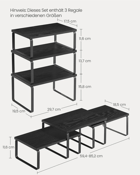 Rootz 3-Piece Shelf Set - Storage Organizer - Display Rack - Durable Metal/Wood - Grey-Black - Includes 19.5cm x 29.7cm x 15.8cm Shelf