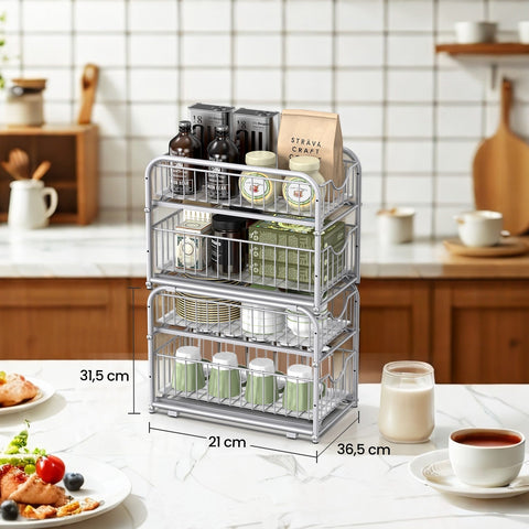 Rootz Kitchen Organizer Shelf - Kitchen Rack - Order System - Durable Steel - 21x36.5x33.7cm Large Basket - Silver Finish