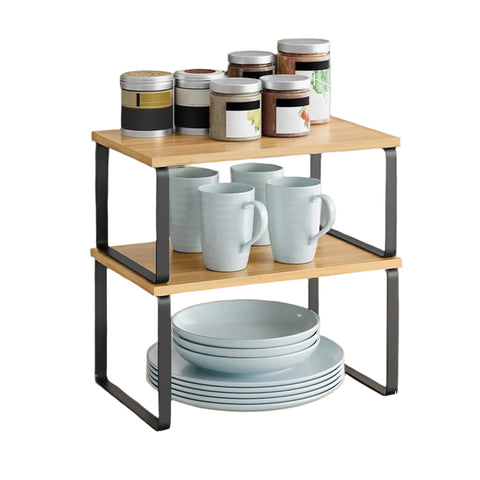 Rootz 2 Set Spice Shelf - Kitchen Organizer - Storage Shelves - Bamboo & Metal - Max 15kg - 29.7x19.5x15.5cm & 29.7x18.5x13.6cm