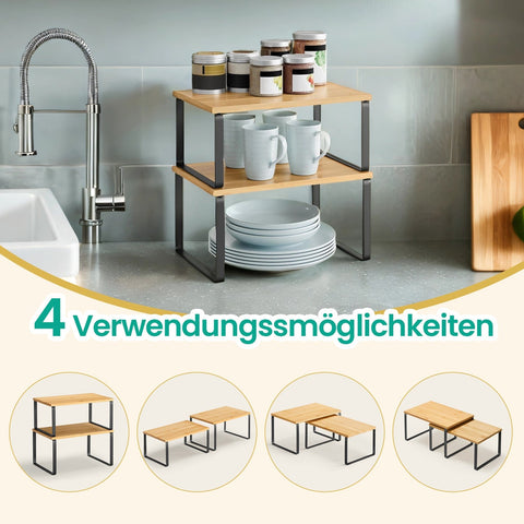 Rootz 2 Set Spice Shelf - Kitchen Organizer - Storage Shelves - Bamboo & Metal - Max 15kg - 29.7x19.5x15.5cm & 29.7x18.5x13.6cm
