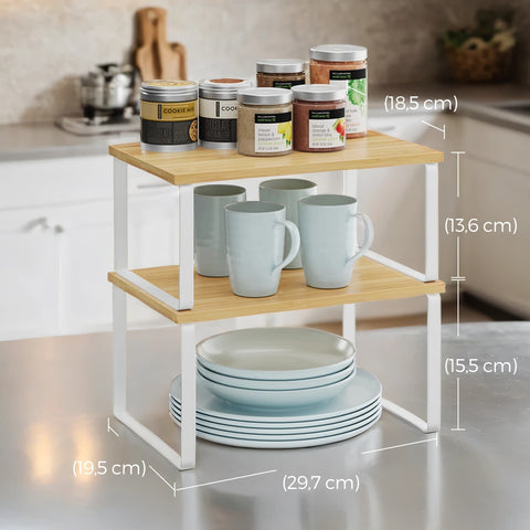 Rootz 2-Set Spice Shelf - Kitchen Organizer - Storage Shelf - Bamboo & Metal - 29.7cm x 19.5cm x 15.5cm & 29.7cm x 18.5cm x 13.6cm