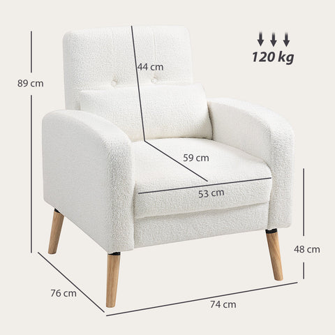 Rootz Modern White Armchair - Upholstered Seating - Living Room Chair - Lumbar Pillows Support - 76cm x 89.5cm x 53cm