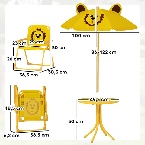 Rootz Children's Garden Furniture Set - Kids Chairs & Table - Lion Design - Adjustable Parasol - Easy Storage - Chair 36.5x38.5x50cm, Table Ø49.5x50h cm