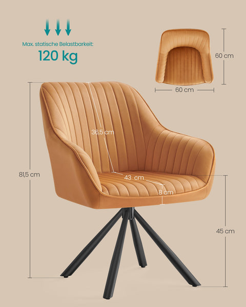 Rootz Dining Chair with Armrests - Velvet Padded Dining Seat - Stylish  Brown - Steel Frame - 60x60x81.5cm - Comfort & Durability