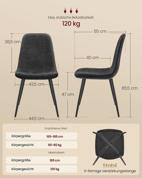 Rootz 2 Piece Set Dining Chairs - Kitchen Chairs - Grey Seating - Comfortable Chenille Fabric - 55cm x 43.5cm x 85.5cm