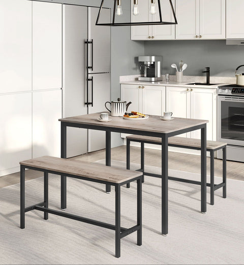 Rootz Dining Table Set with 2 Benches - Kitchen Table - Dining Set - Durable Chipboard & Steel - 70cm x 110cm x 75cm -Brown -Black