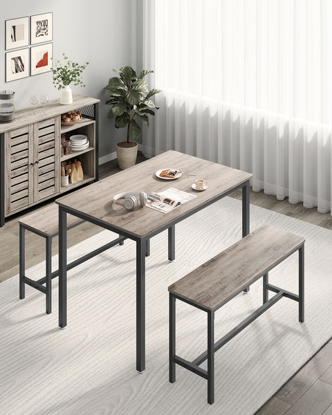 Rootz 3-Piece Dining Set - Greige Mottled-ink Black - Chipboard Steel - Bench Seating - 70cm x 110cm x 75cm