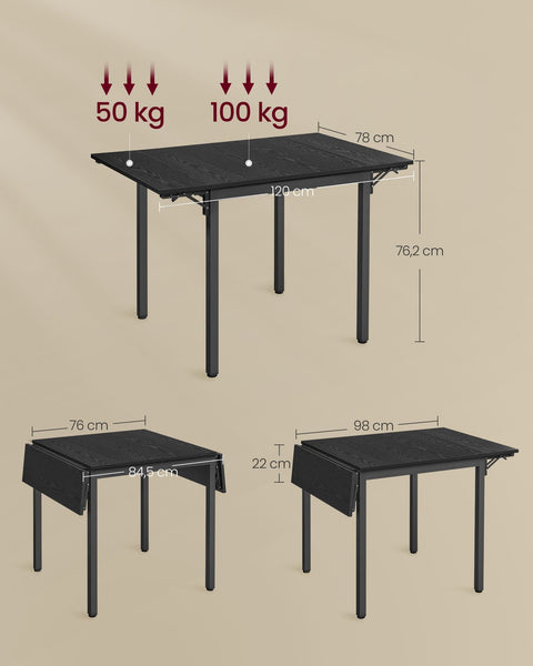 Rootz Folding Dining Table - Ebony Black - Ink Black - Chipboard Steel - Space-Saving - 78cm x 120cm x 76.2cm - Lightweight 17.5kg
