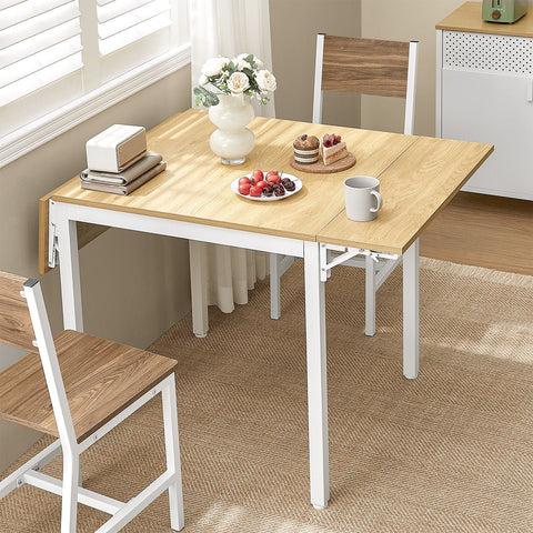 Rootz Dining Table - Natural Oak Color - Cloud White - Chipboard Steel - Large Unfolded 78cm x 120cm x 76.2cm - Large Folded 78cm x 84.5cm x 76.2cm