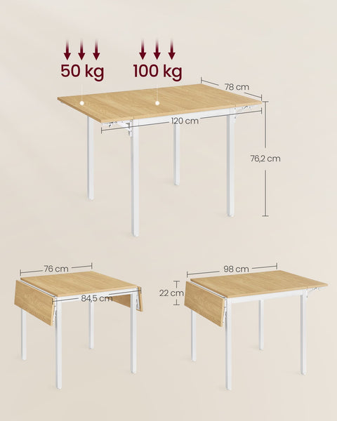 Rootz Dining Table - Natural Oak Color - Cloud White - Chipboard Steel - Large Unfolded 78cm x 120cm x 76.2cm - Large Folded 78cm x 84.5cm x 76.2cm