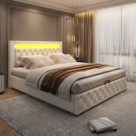 Rootz Upholstered Bed - Slatted Frame - Storage Space - LED Lighting - 140 x 200 cm - White - Durable PU Frame - 207L x 142W x 99H cm