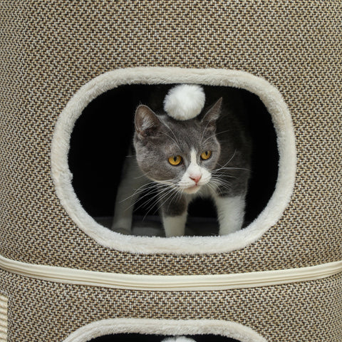 Rootz 3 Tier Cat Barrel with Cushion - Cat House - Cat Tower - Enhance Comfort - Ø51cm x 69cm, Brown- White