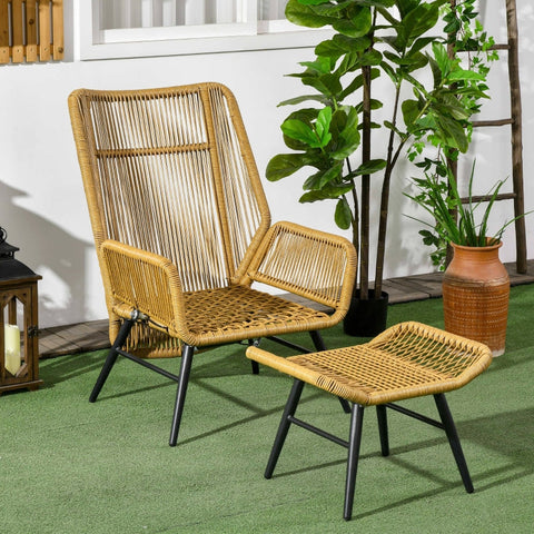 Rootz Polyrattan Garden Chair and Stool Set - Outdoor Furniture - Patio Seating - Adjustable Backrest - Weatherproof - Non-Slip Feet - 67W x 83D x 94H cm (Chair), 57W x 45D x 42H cm (Stool)