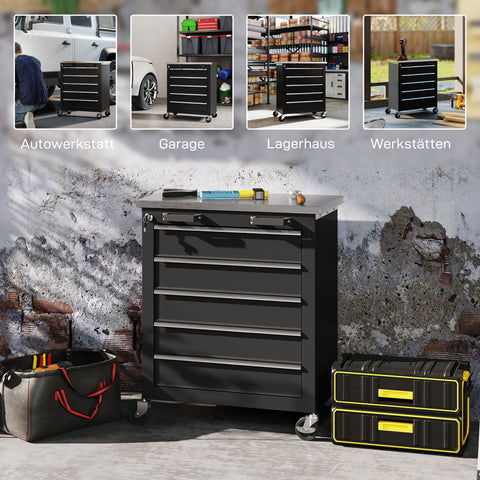 Rootz 5 Drawer Tool Cabinet – Rolling Tool Box – Steel Tool Trolley – Secure Storage – Organizes Tools – 65.5x34.5x76 cm – Silver + Black