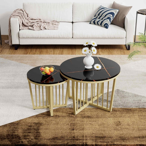Rootz Marble Look Nesting Coffee Table Set - Elegant Table - Luxurious Coffee Table - Easy Clean - 70L x 70W x 50H cm & 50L x 50W x 45H cm
