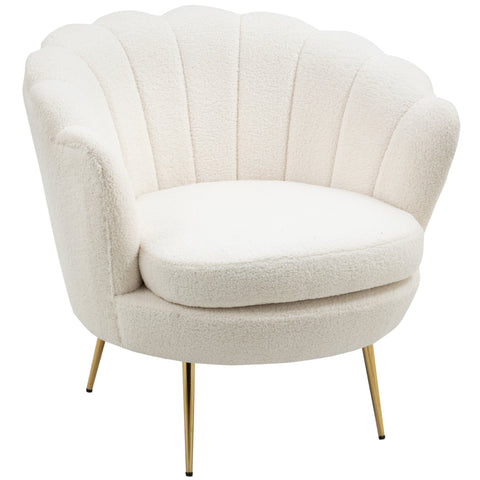 Rootz Shell Shaped Upholstered Chair - Relaxation Chair - Comfy Armchair - Gold Metal Legs - Elegant & Cozy - 79L x 77W x 77H cm - White Fabric