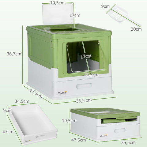 Rootz Modern Cat Litter Box - Button-In Design - Hygienic & Spacious - Litter Scoop Included - White+Green - 47.5cm x 35.5cm x 36.7cm