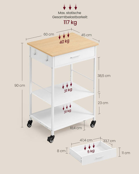 Rootz Kitchen Trolley - Utility Cart - Storage Organizer - Ample Storage Space - 47cm x 60cm x 90cm - Brown_White
