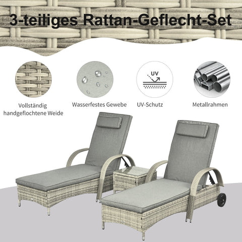 Rootz 3-delige set ligstoel - tuinligstoel - tuinmeubilair - weerbestendig - verstelbaar comfort - gemakkelijke mobiliteit - ligstoel: 200 cm x 73 cm x (30-103) cm, tafel: 40 cm x 40 cm x 40 cm
