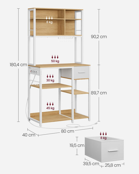 Rootz Kitchen Shelf - Storage Rack - Organizer - Space Saver - Wooden Chipboard & Steel - 40 x 80 x 180.4 cm - Gold Oak & White Finish