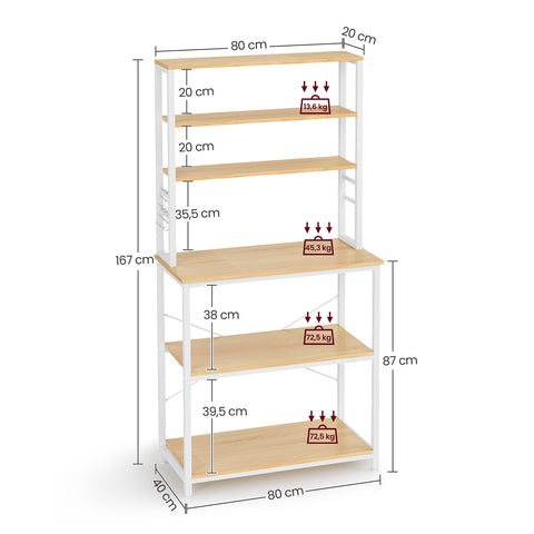 Rootz Kitchen Shelf - Storage Rack - Organizer with Hooks - Space Saving - Chipboard & Steel - 40x80x167cm